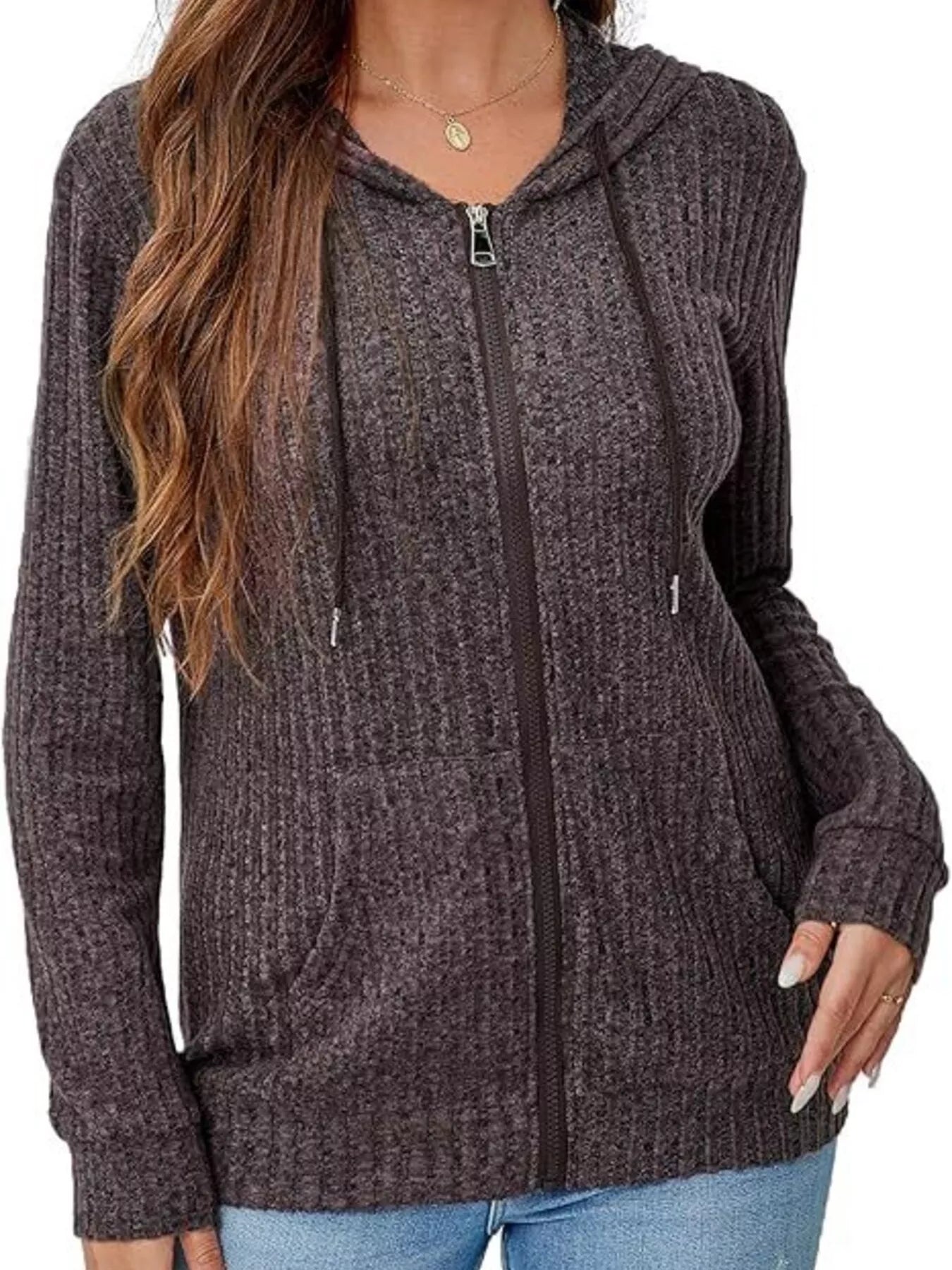 Ribbed Zip Up Hooded Outerwear Dark Brown Trendsi