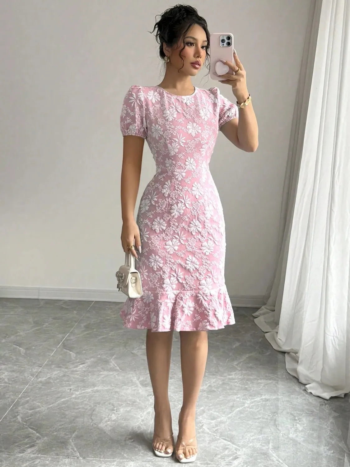 Ruffled Hem Flower Round Neck Short Sleeve Dress Blush Pink OutfitFlow
