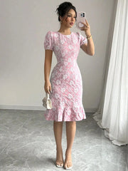 Ruffled Hem Flower Round Neck Short Sleeve Dress Blush Pink OutfitFlow
