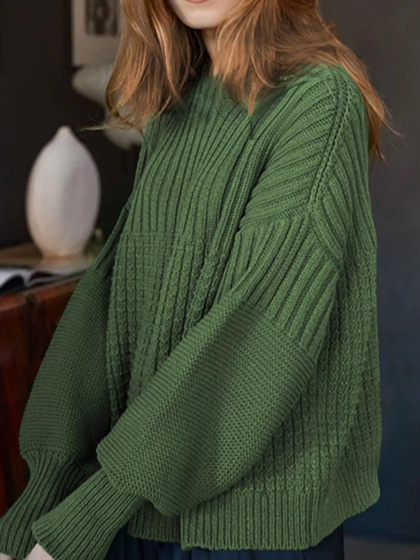 Textured Knit Round Neck Sweater OutfitFlow