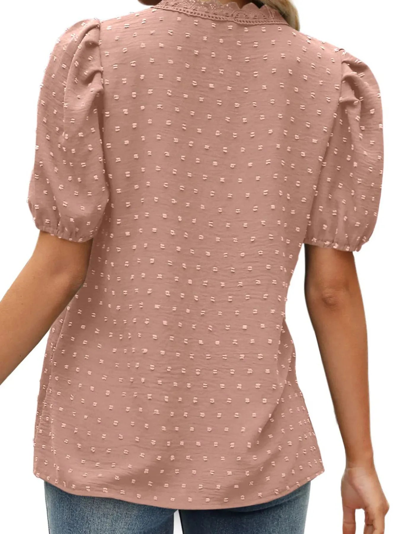 Puff Sleeve Swiss Dot Lace Trim Blouse OutfitFlow