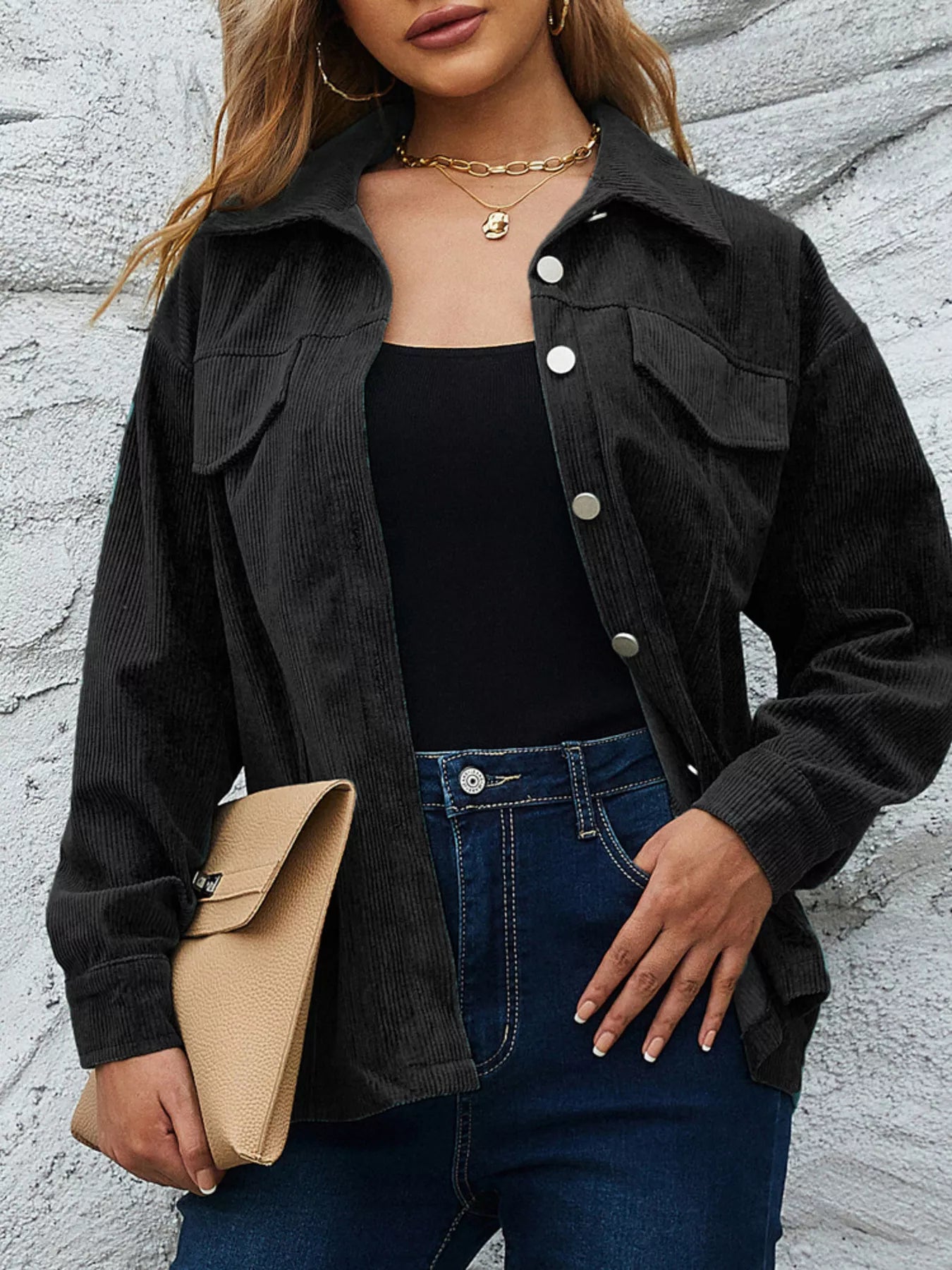 Casual Corduroy Button-Down Jacket Black OutfitFlow