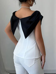 Slit Contrast Cap Sleeve Blouse OutfitFlow