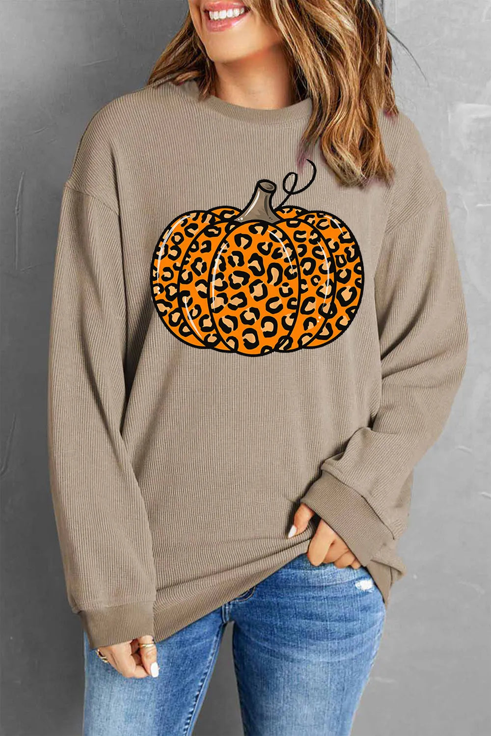 Pumpkin Round Neck Long Sleeve Sweatshirt Khaki OutfitFlow
