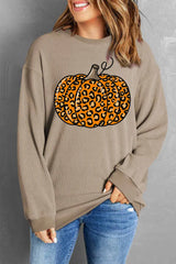 Pumpkin Round Neck Long Sleeve Sweatshirt Khaki OutfitFlow