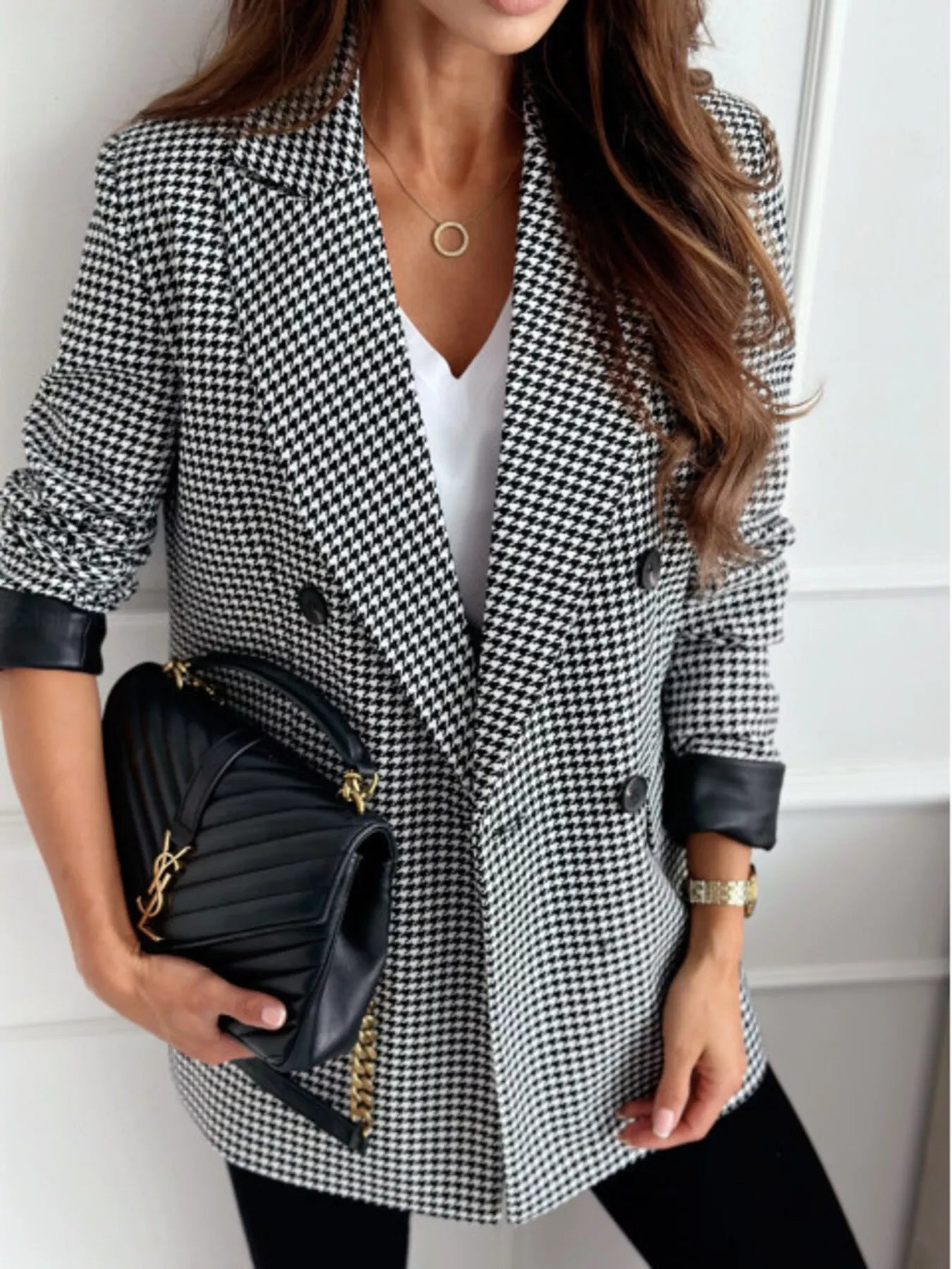 Lapel Collar Long Sleeve Blazer Plaid OutfitFlow