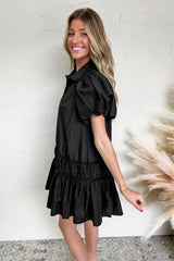 Button Down Puff Sleeve Ruffle Hem Dress OutfitFlow
