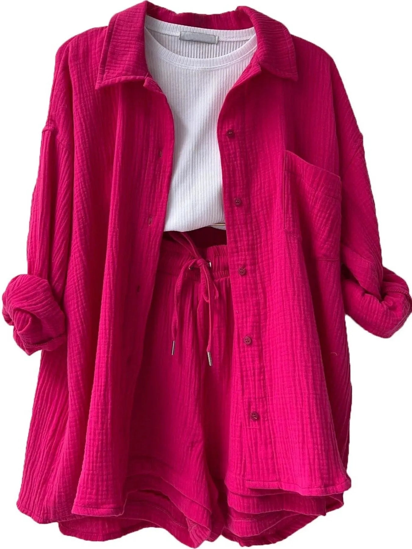 Textured Button Up Shirt and Shorts Set Rose Red OutfitFlow