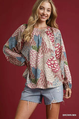 Umgee Boho Feather Print Peasant Blouse BROWN MIX Trendsi