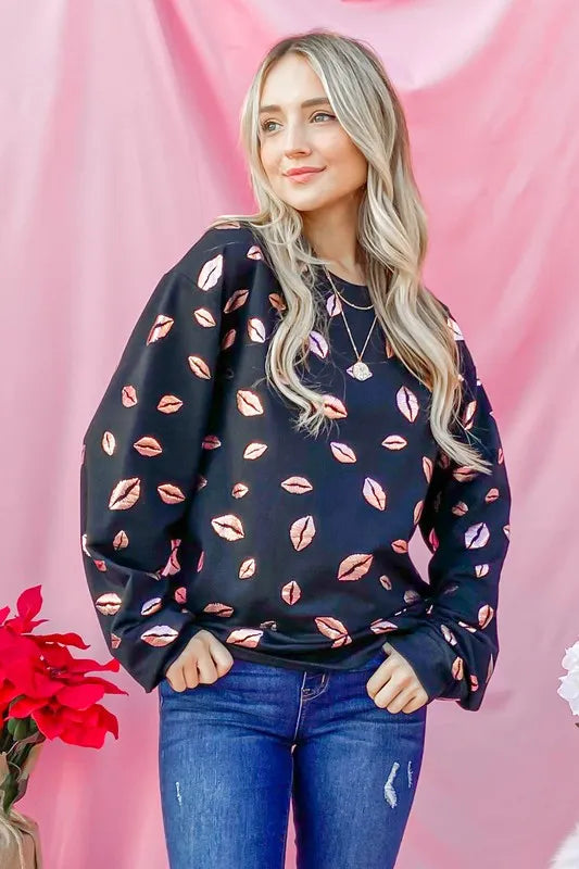 And The Why Kiss Pink Foil Allover Print Pullover Sweatshirts OutfitFlow