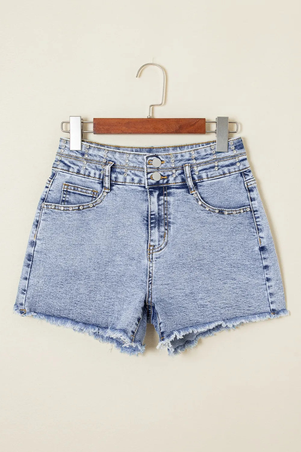 Rhinestone Light Wash Raw Hem High Waist Denim Shorts OutfitFlow