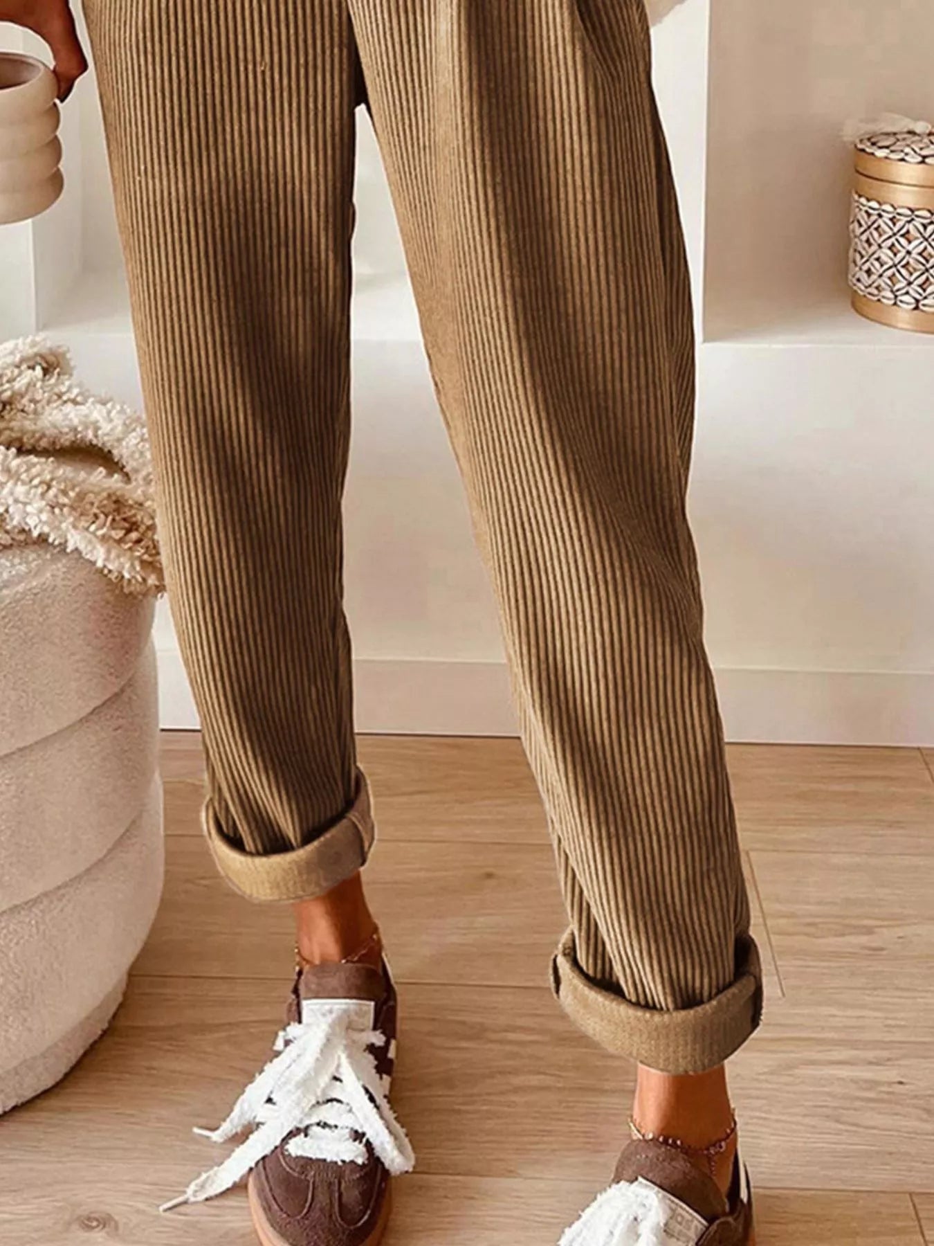 Casual Corduroy Drawstring Waist Pants OutfitFlow