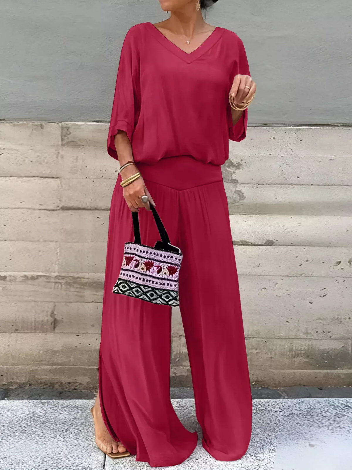 V-Neck Top and Wide Leg Pants Two-Piece Set Deep Red OutfitFlow