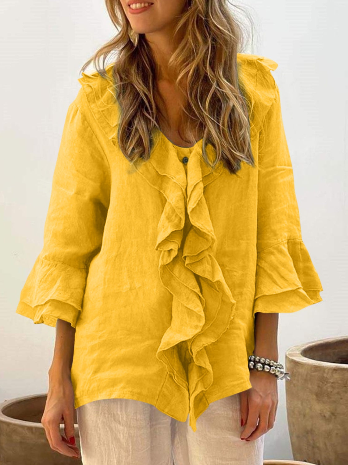 Outfit Flow - Full Size Ruffled V-Neck Flounce Sleeve Blouse