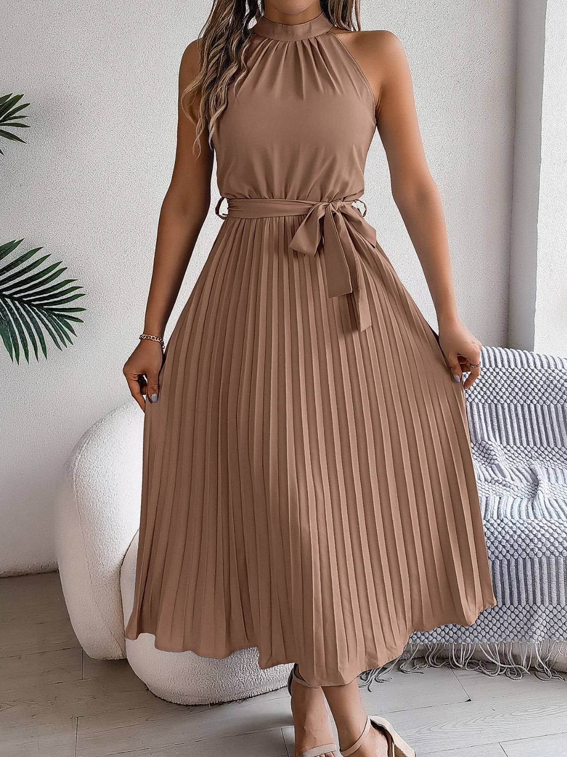 Grecian Neck Tie Waist Pleated Dress OutfitFlow