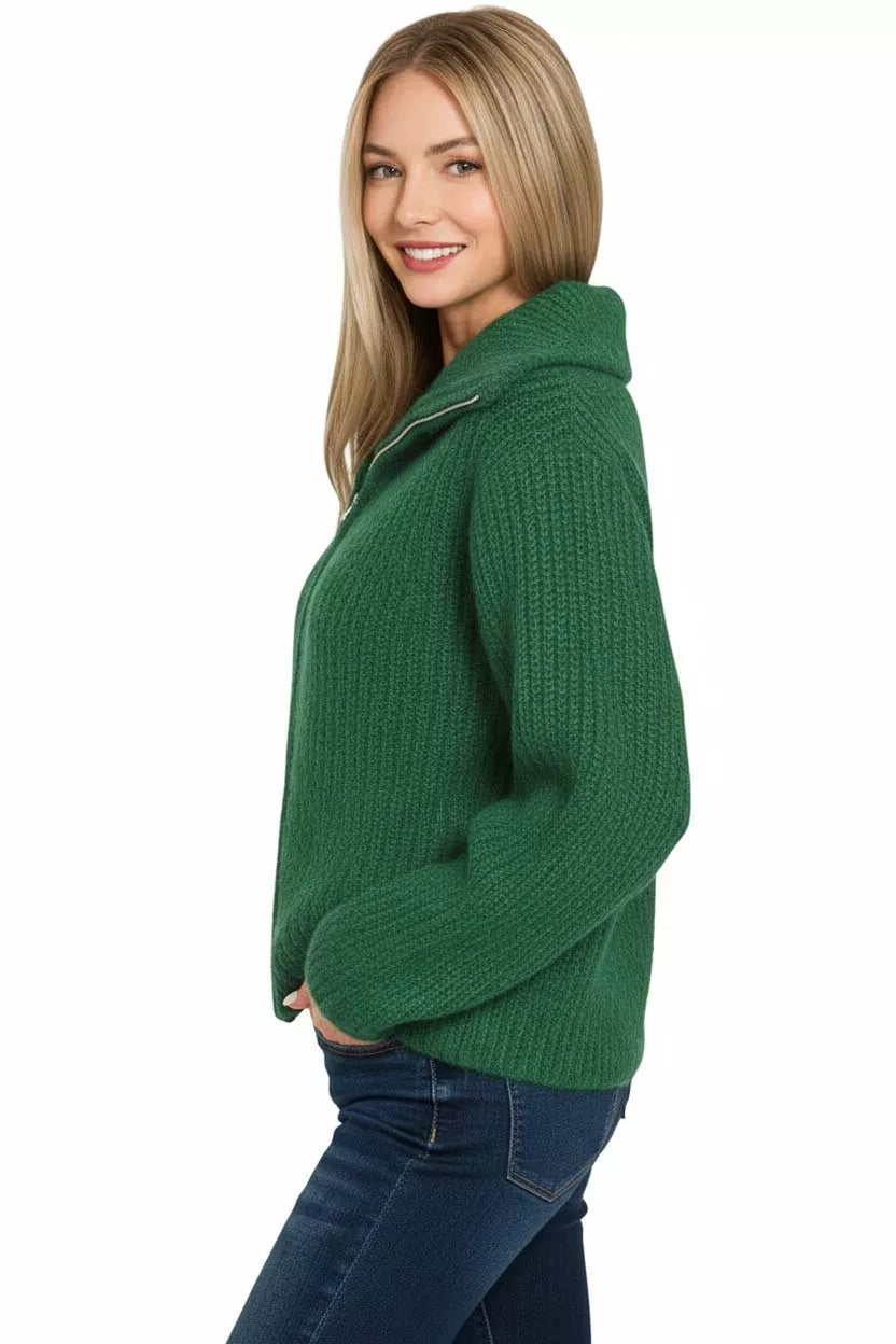 Zenana High Neck Full Zip Sweater Cardigan OutfitFlow