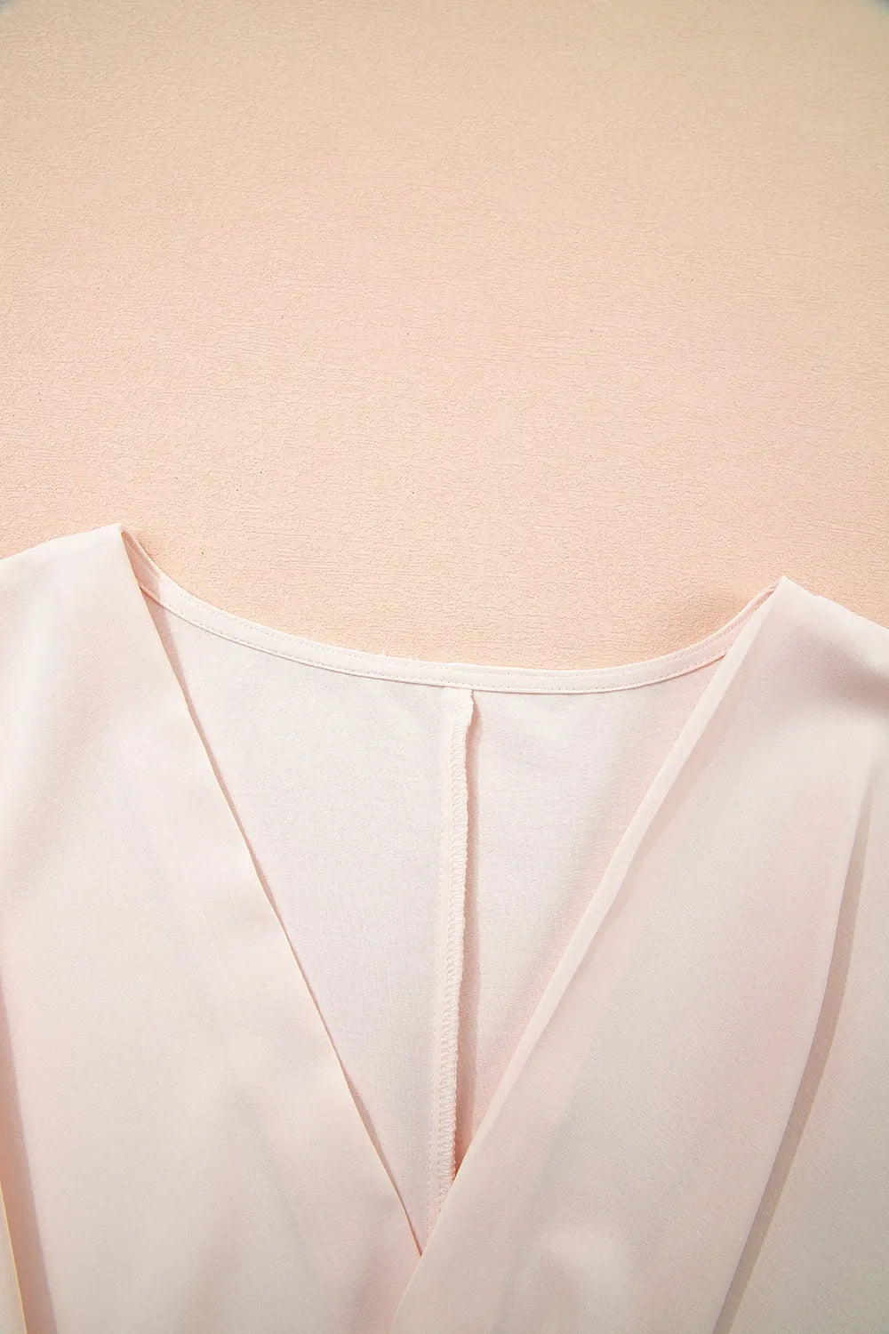 Surplice Knotted Ruched Cap Sleeve Blouse OutfitFlow