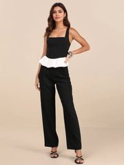 Contrast Ruffled Hem Square Neck Tank OutfitFlow