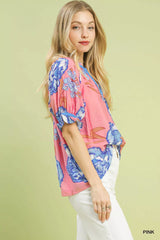 Umgee Floral V-Neck Puff Sleeve Blouse OutfitFlow