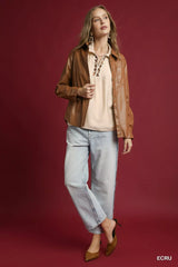 Umgee Long Sleeve Blouse with Leopard Print Trim OutfitFlow