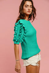 BiBi Solid Knit Ruffled Sleeves Top JADE OutfitFlow