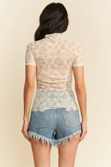 Davi & Dani Floral Mesh Mock Neck Short Sleeve Top OutfitFlow