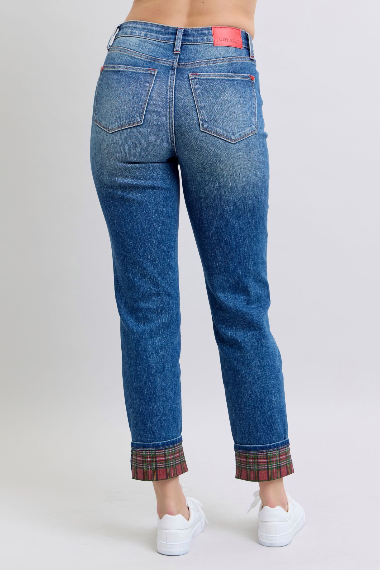 Outfit Flow - Judy Blue Full Size Plaid Print Cuff Straight Leg Jeans with Pockets