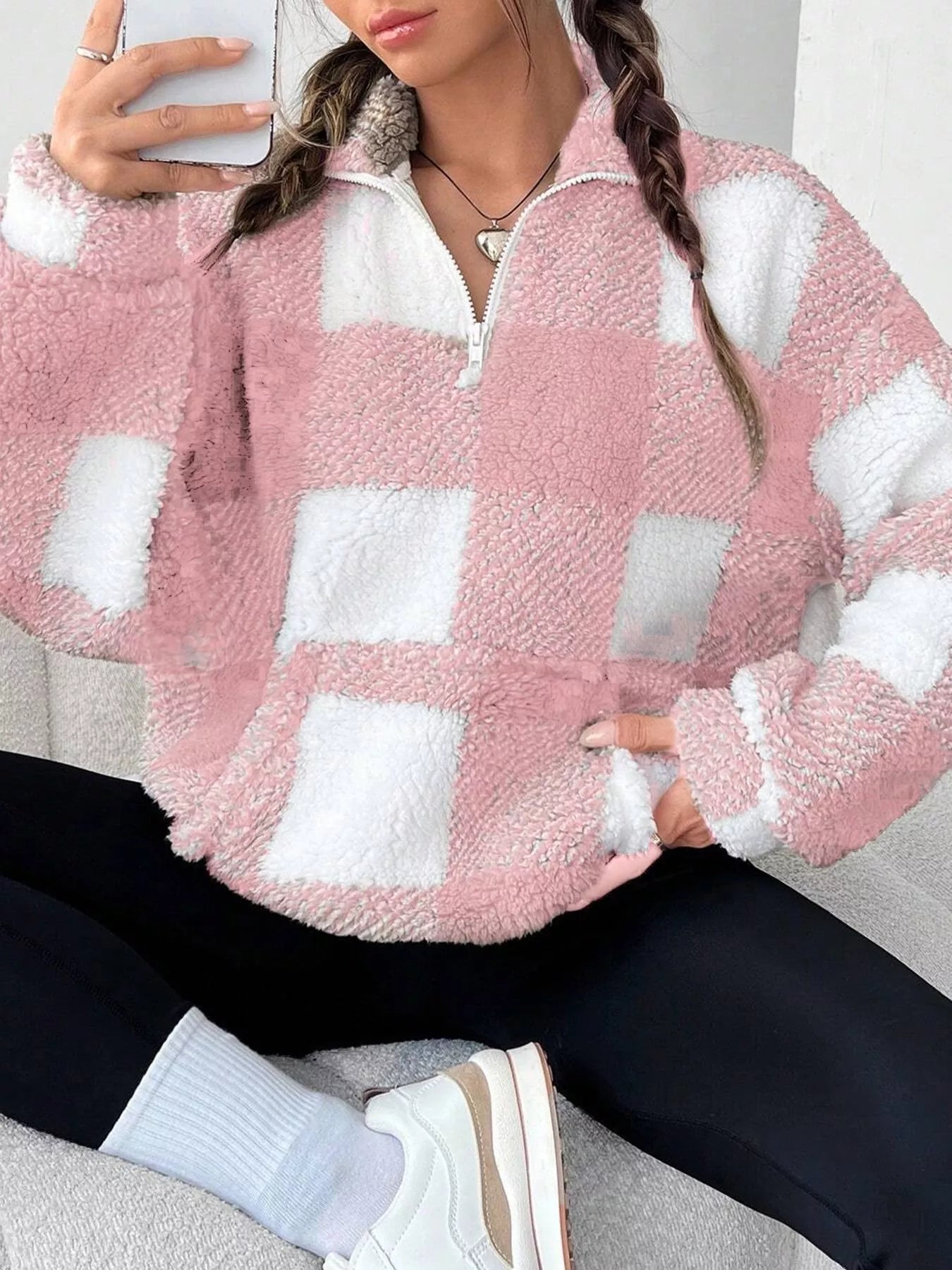 Full Size Plaid Sherpa Long Sleeve Sweatshirt Plus Size OutfitFlow