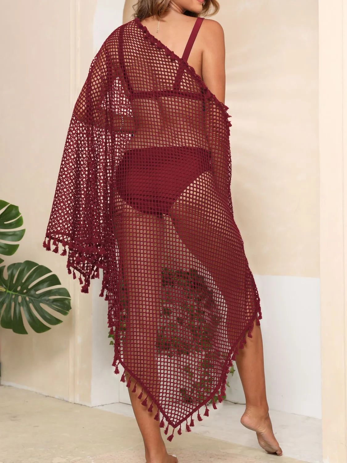 Tassel Openwork Open Front Cover-Up OutfitFlow