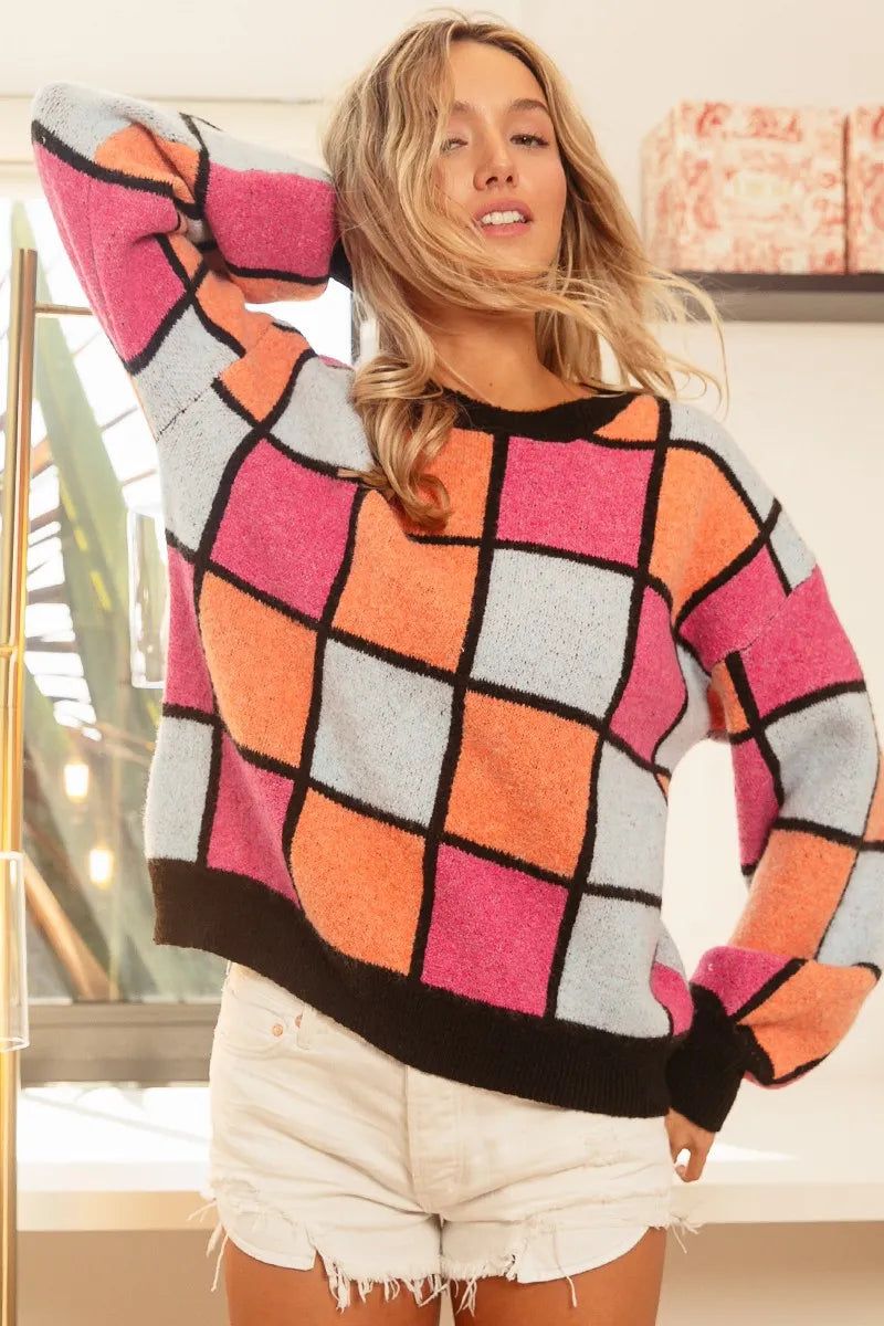 BiBi Multi Color Checker Pattern Sweater OutfitFlow