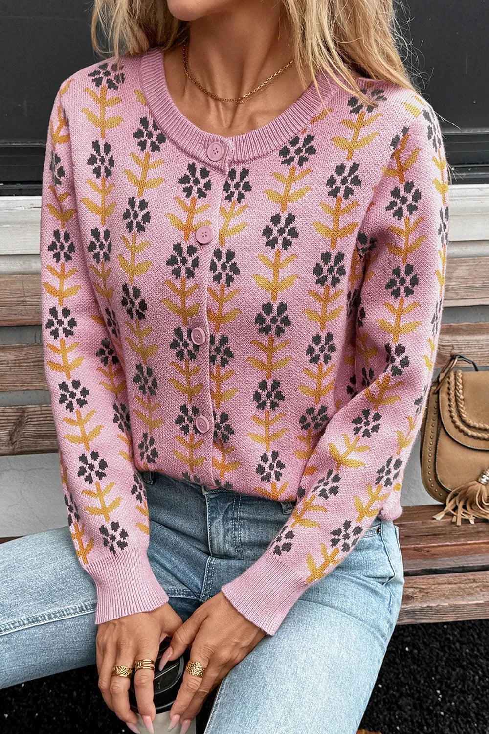 Floral Button-Up Knit Cardigan OutfitFlow