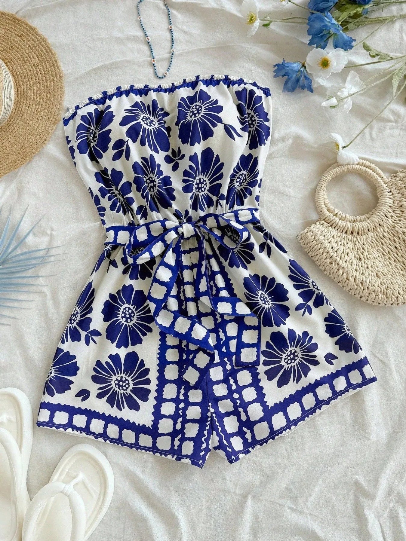 Printed Tube Tie Waist Romper Royal Blue OutfitFlow