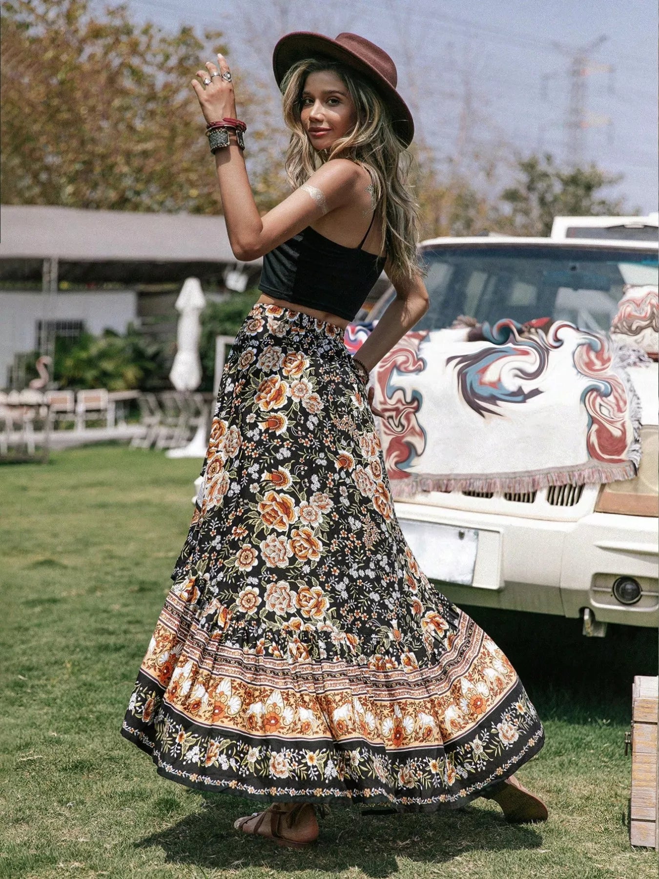 Plus Size Boho Floral Print High-Low Skirt OutfitFlow