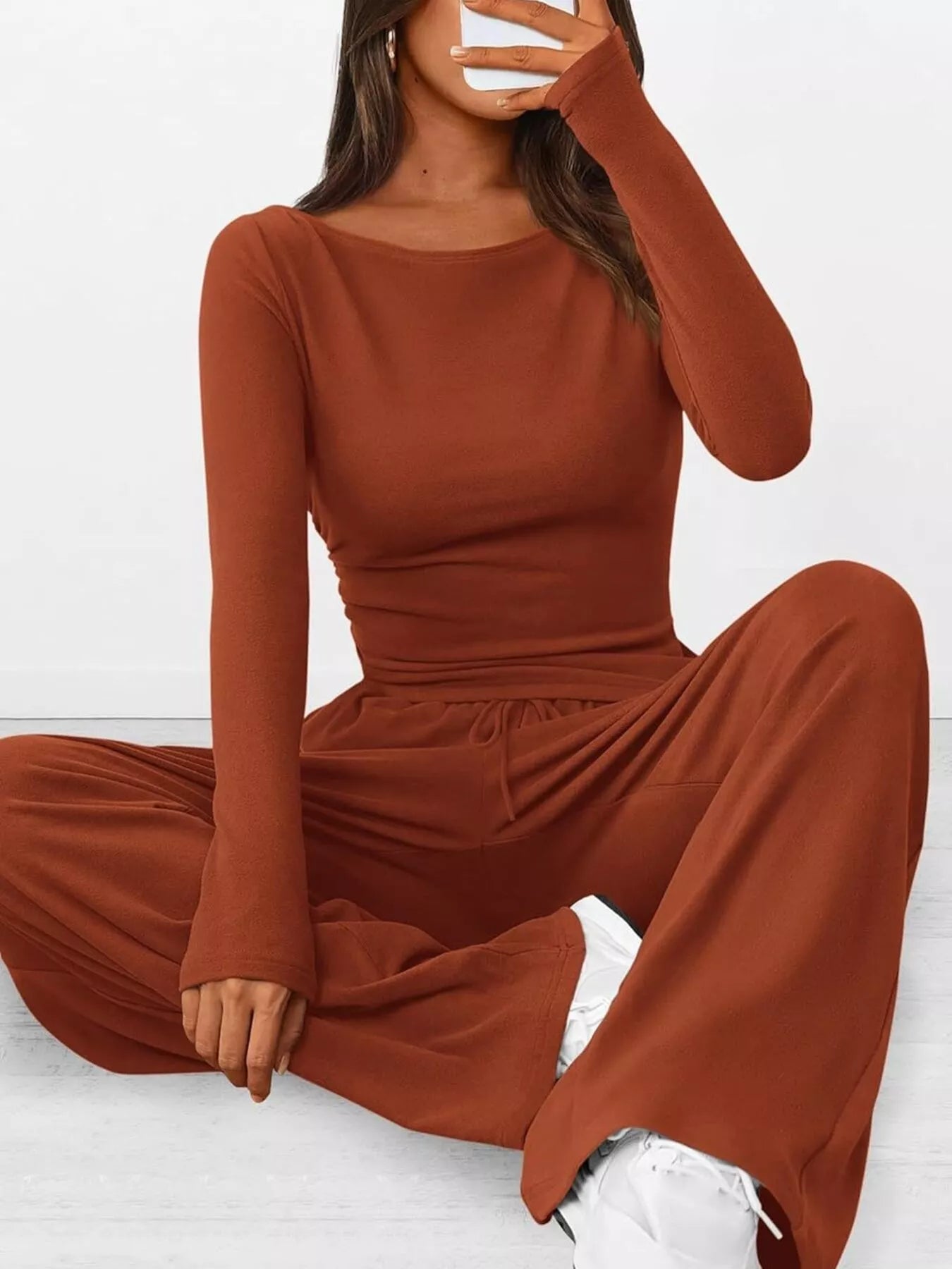 Long Sleeve Top and Wide Leg Pants Set OutfitFlow