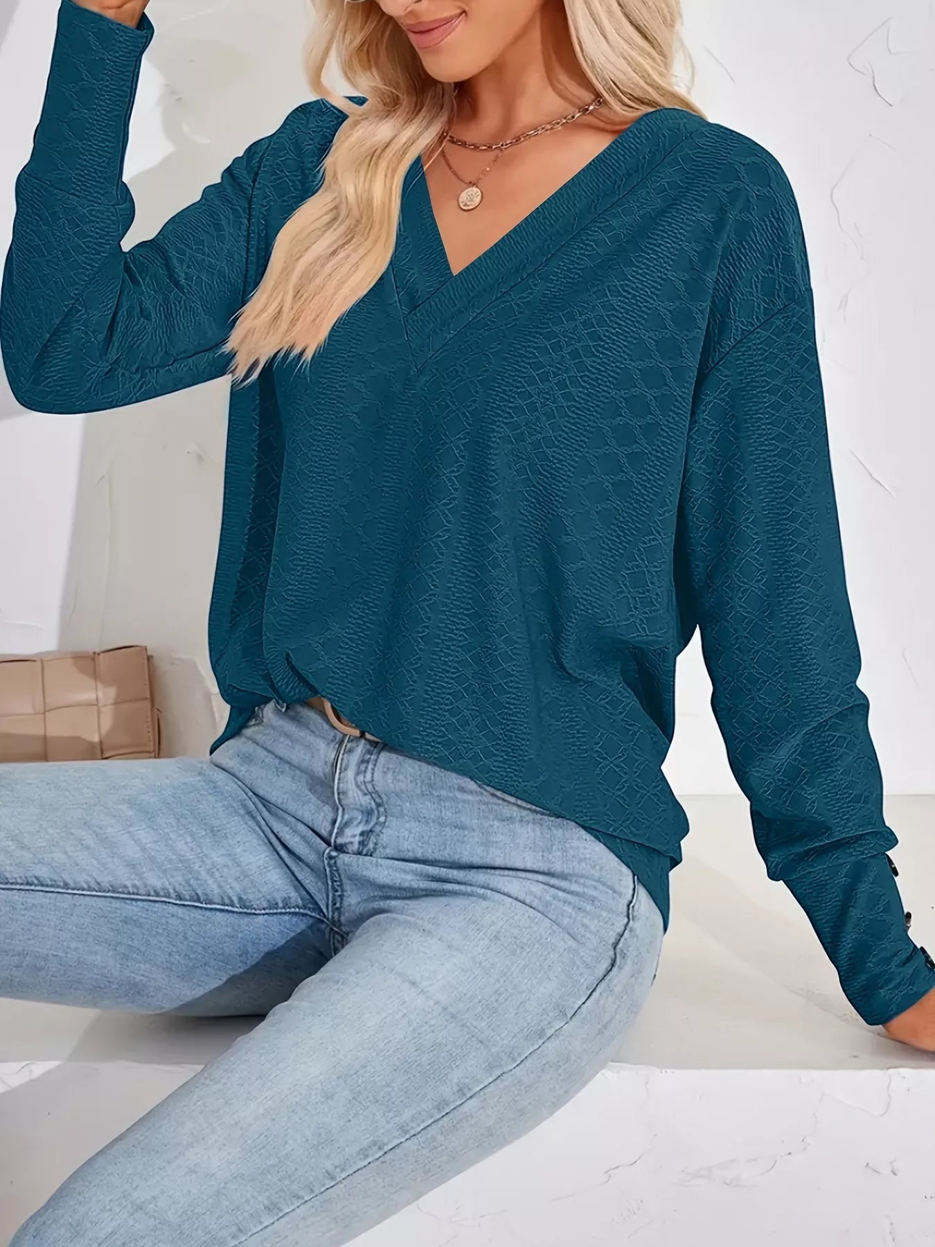 Plus Size V-Neck Textured Long Sleeve T-Shirt OutfitFlow