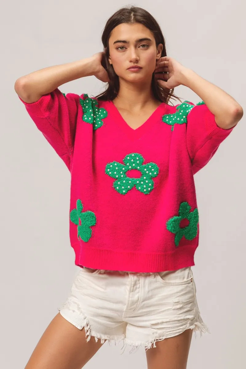 BiBi Pearl Beads Flowers Sweater Top OutfitFlow