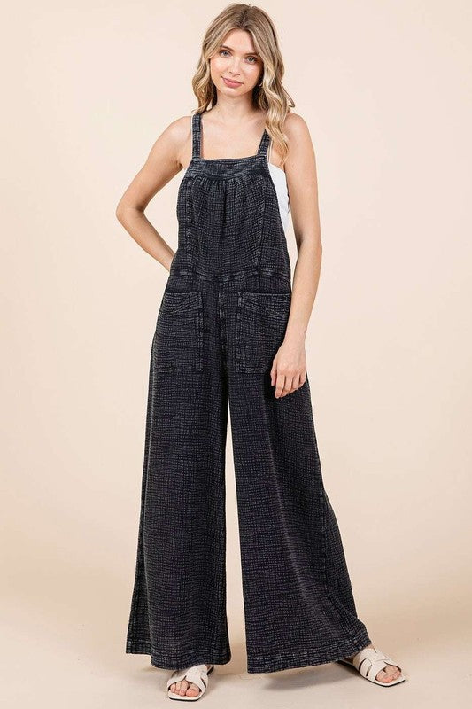 Mittoshop Textured Wide Leg Overalls Washed Black OutfitFlow