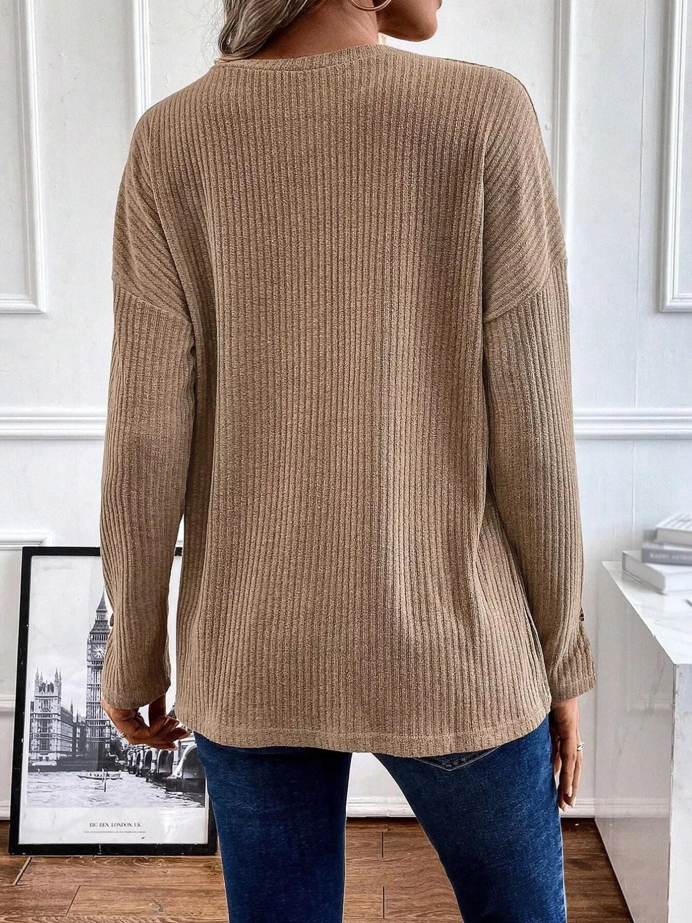 Ribbed Knit Button Detail Long Sleeve T-Shirt OutfitFlow