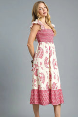 Umgee Printed Smocked Midi Dress with Ruffle Details OutfitFlow
