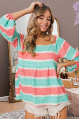 BiBi Stripe Printed Bubble Woven Balloon Sleeves Top OutfitFlow