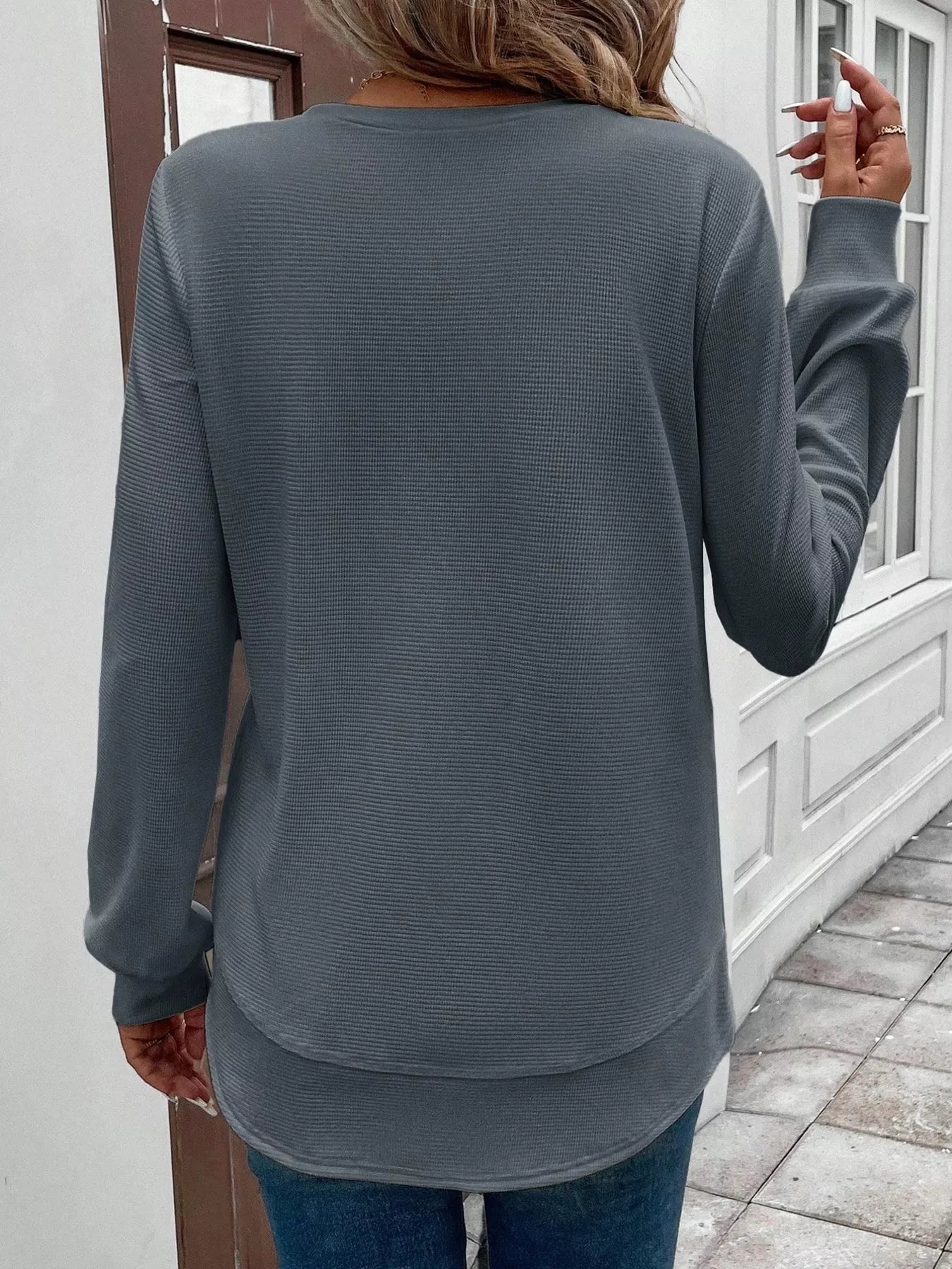 Casual Texture Knit Long Sleeve T-Shirt Trendsi