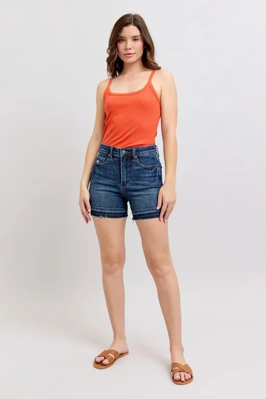 Judy Blue Full Size High Waist Tummy Control Destroy Release Hem Denim Shorts Plus Size OutfitFlow