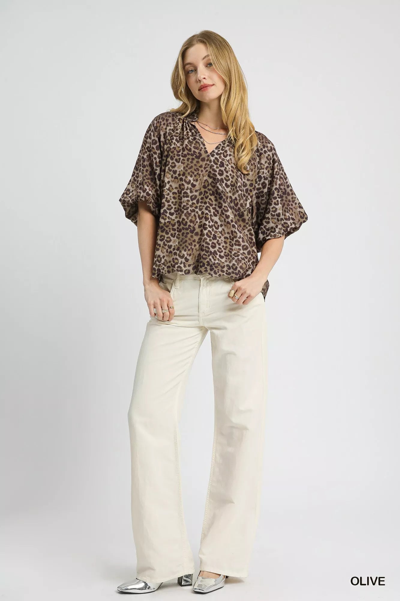 Umgee Leopard Bubble Sleeve Scalloped Hem Blouse Olive OutfitFlow