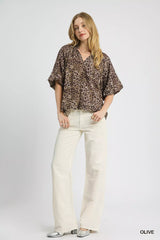 Umgee Leopard Bubble Sleeve Scalloped Hem Blouse Olive OutfitFlow