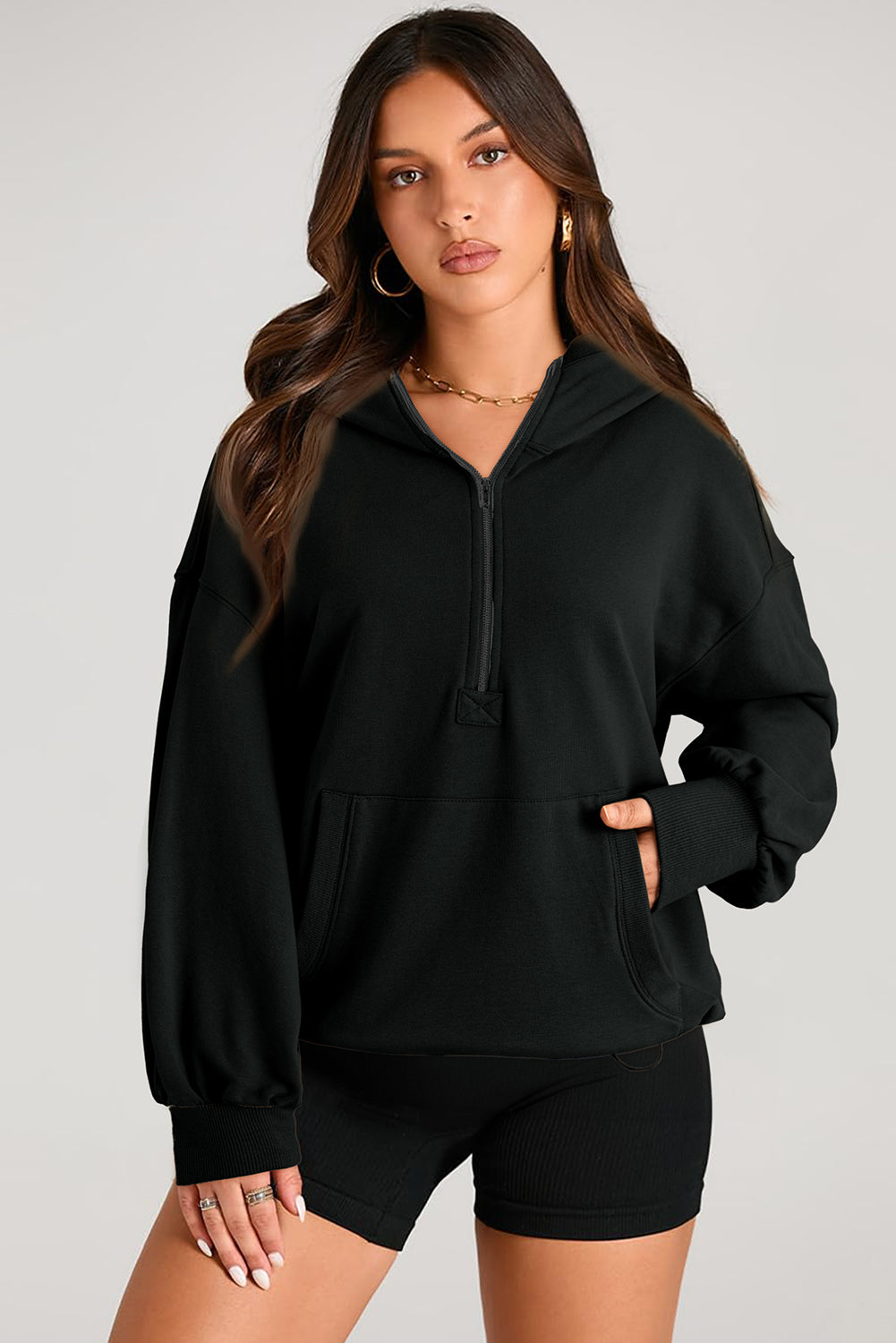 Outfit Flow - Pocketed Half Zip Long Sleeve Hoodie