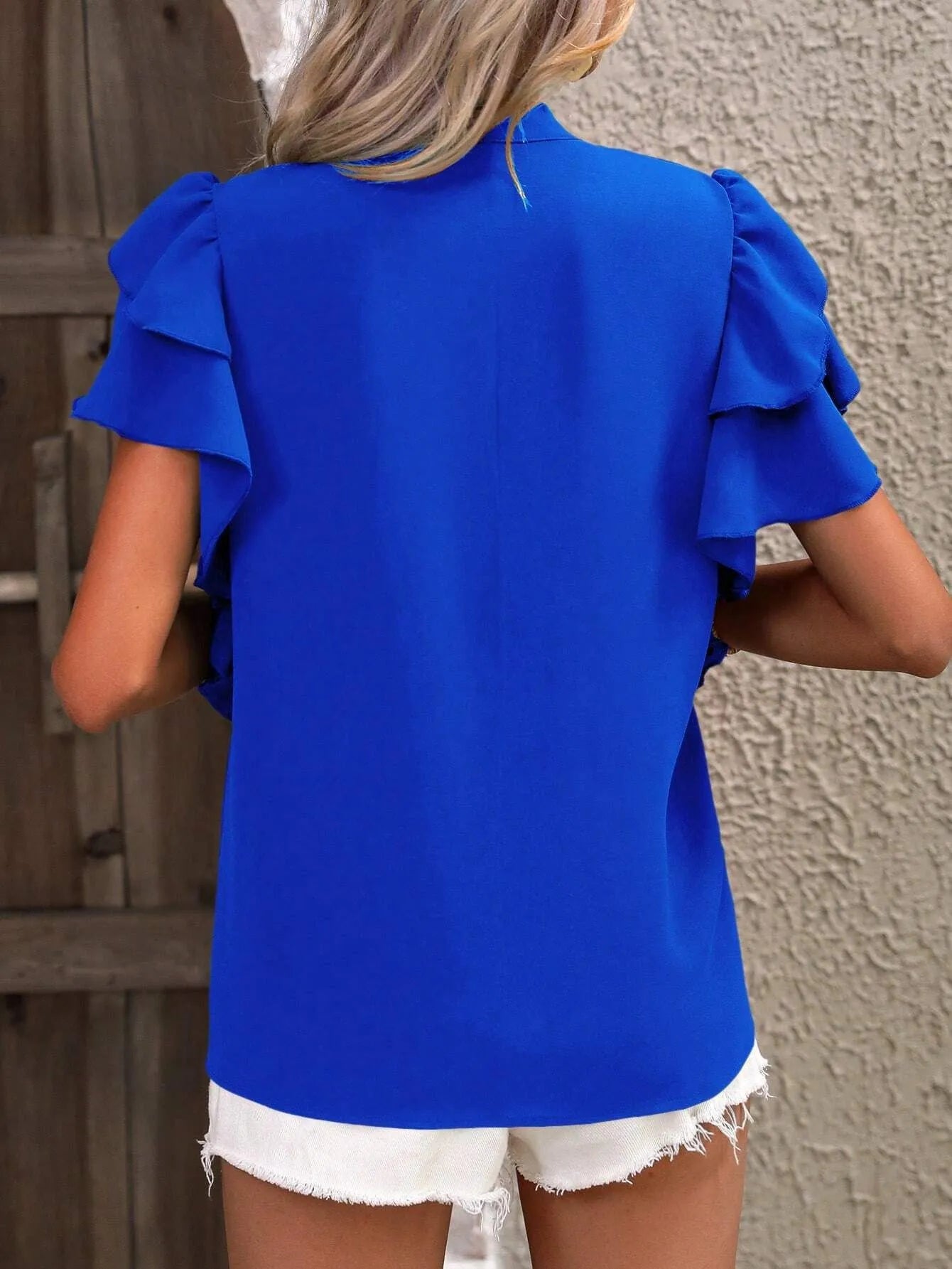 Ruffle Sleeve Notched Blouse OutfitFlow
