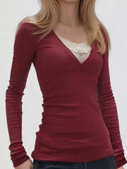 Long Sleeve T-Shirt with Lace Detail Deep Red Trendsi
