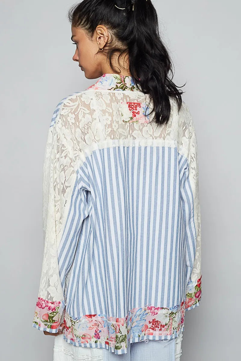 POL Lace Long Sleeve Striped Cardigan with Floral Patchwork Detail OutfitFlow