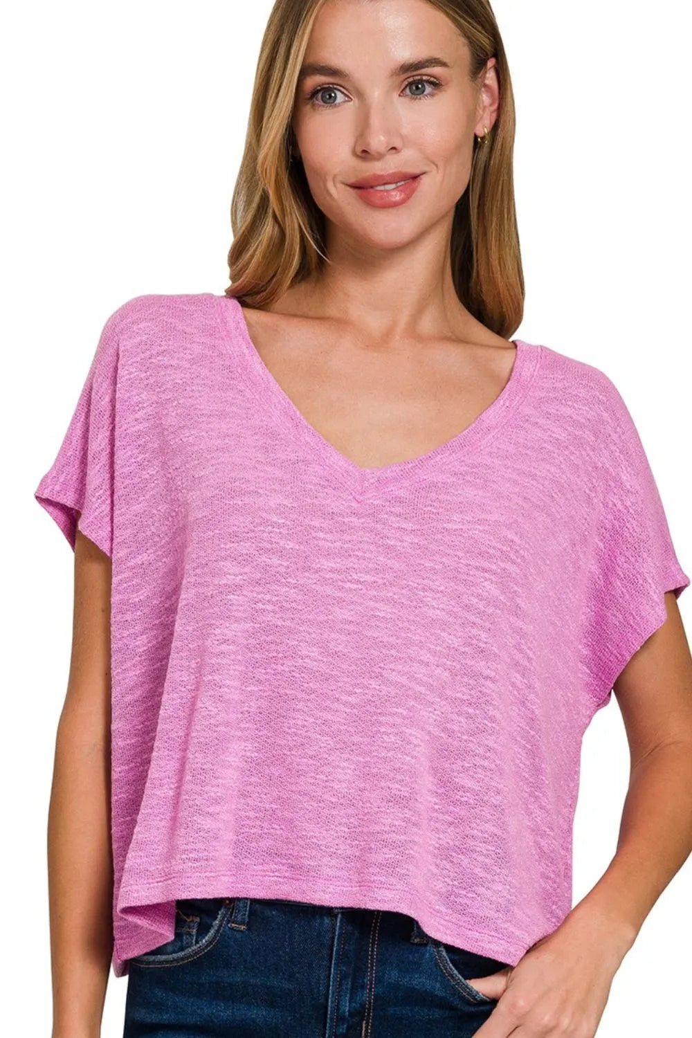 Zenana Hacci Slub V-neck Drop Shoulder Crop Top BRIGHT MAUVE OutfitFlow