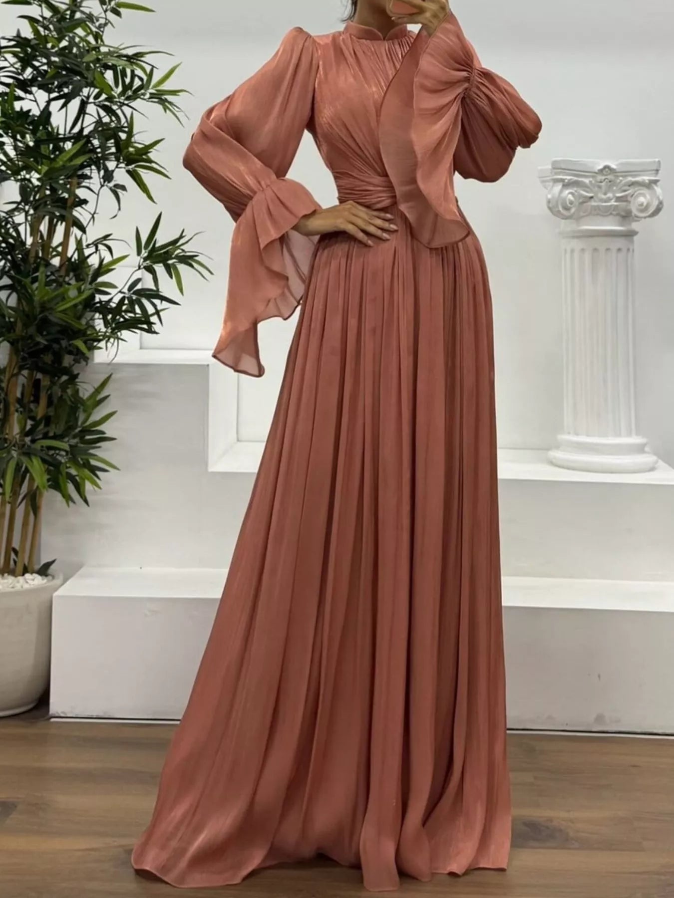 Pleated Mock Neck Long Sleeve Maxi Dress OutfitFlow